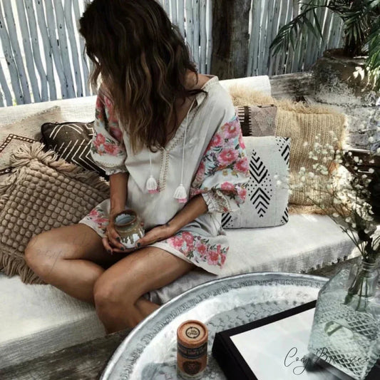 Floral Print Linen Cotton Mini V-neck Summer Boho Dress white / M bohodress-250126