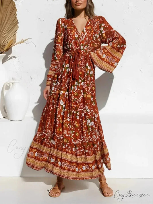 Floral Print Long Sleeve Tassel Deep V-neck Beach Dress orange / S bohodress-250126
