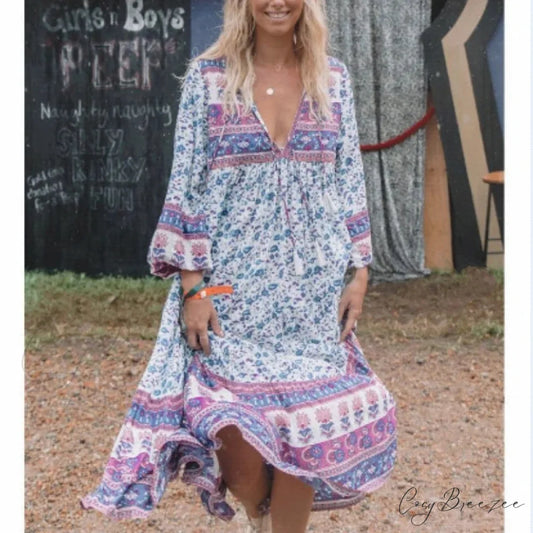 Floral Print Long Sleeve Tassel Loose V-neck Rayon Midi Dress purple / S bohodress-250126