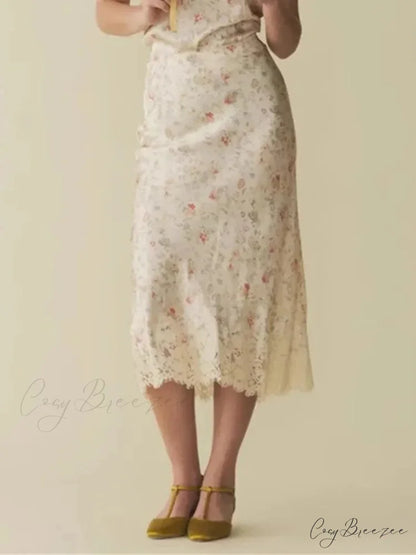 Floral Print Mermaid Lace Splice High Waist Vintage Summer Midi Skirt skirt / S skirt-250126
