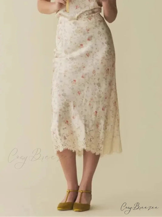 Floral Print Mermaid Lace Splice High Waist Vintage Summer Midi Skirt skirt / S skirt-250126
