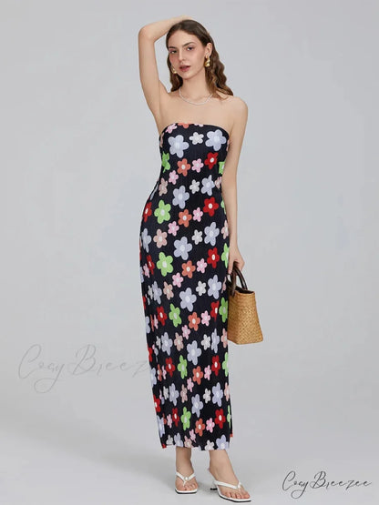 Floral Print Off-Shoulder Bandeau Pleated Tube Top Backless Party Dress BLACK1 / S floraldress-250126