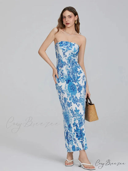 Floral Print Off-Shoulder Bandeau Pleated Tube Top Backless Party Dress floraldress-250126