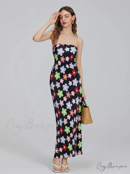 Floral Print Off-Shoulder Bandeau Pleated Tube Top Backless Party Dress floraldress-250126
