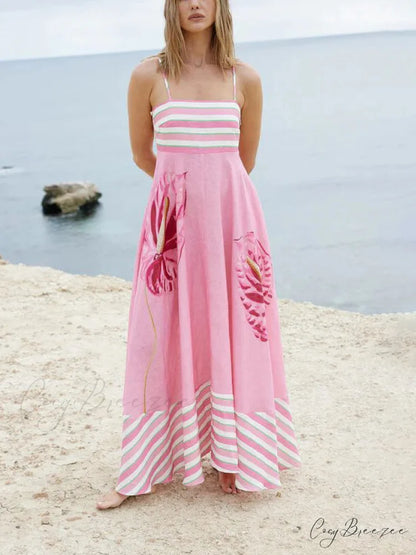 Floral Print Paneled Charming Striped Suspender Mixi Dress