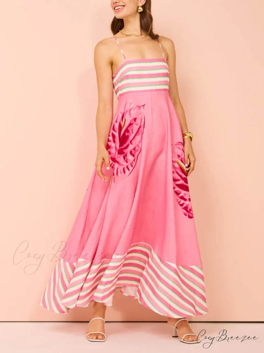 Floral Print Paneled Charming Striped Suspender Mixi Dress Pink / S