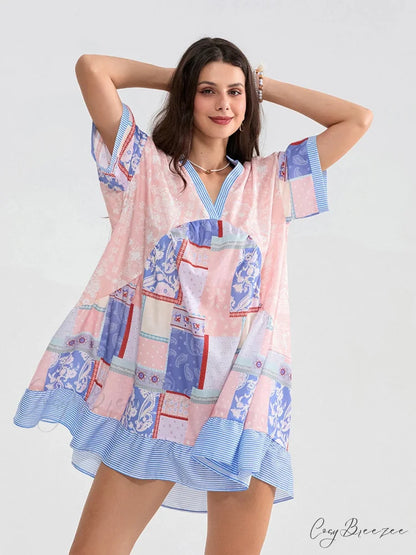 Floral Print Patchwork Flowy V-neck Loose A-Line Mini Dress floraldress-250126