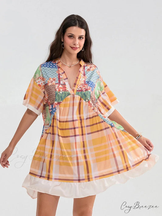 Floral Print Patchwork Flowy V-neck Loose A-Line Mini Dress floraldress-250126