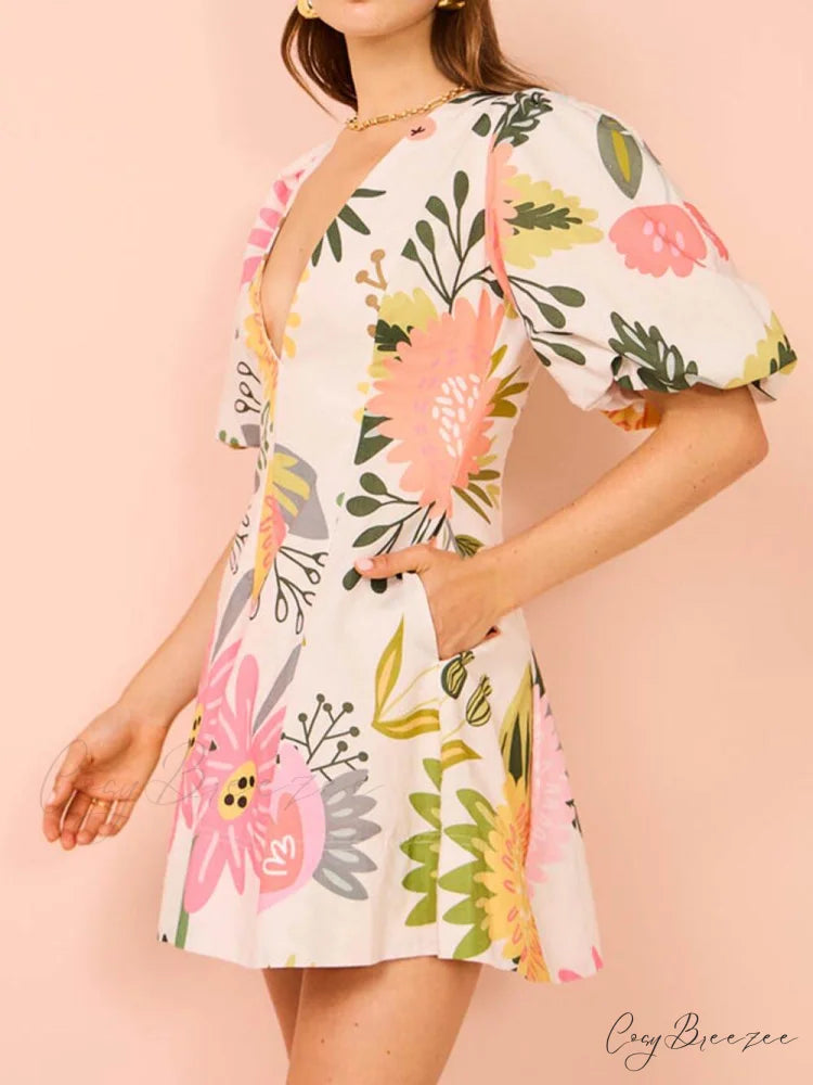 Floral Print Puff Charming Sleeve Pocketed Mini Dress