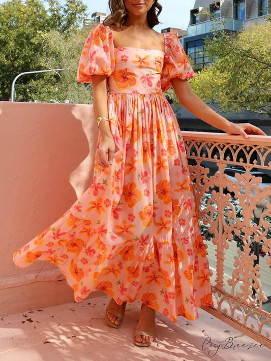 Floral Print Puff Sleeve Graceful Back Smocked Pocket Maxi Dress Orange / S
