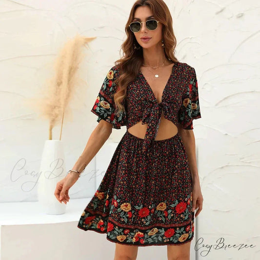 Floral Print Rayon Cotton Deep V-neck Hollow Out Mini Dress Black / M bohodress-250126