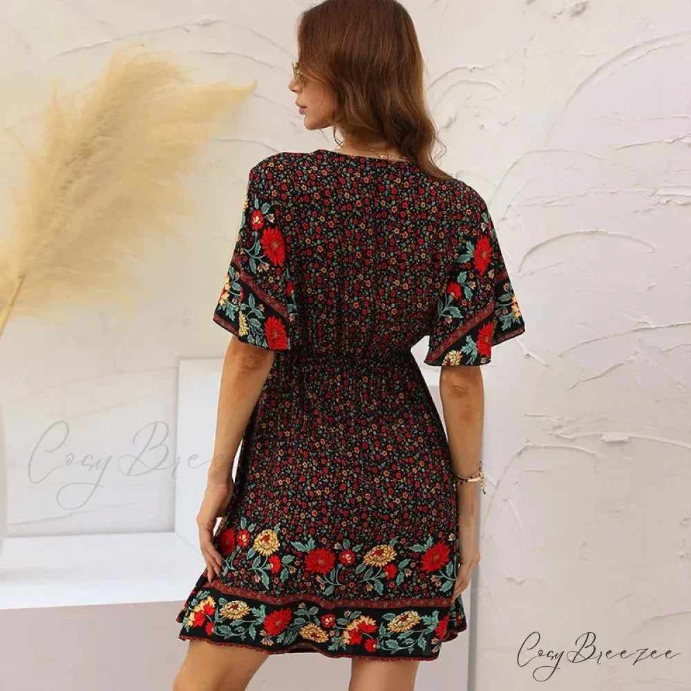 Floral Print Rayon Cotton Deep V-neck Hollow Out Mini Dress bohodress-250126