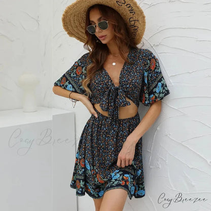 Floral Print Rayon Cotton Deep V-neck Hollow Out Mini Dress NAVY / M bohodress-250126