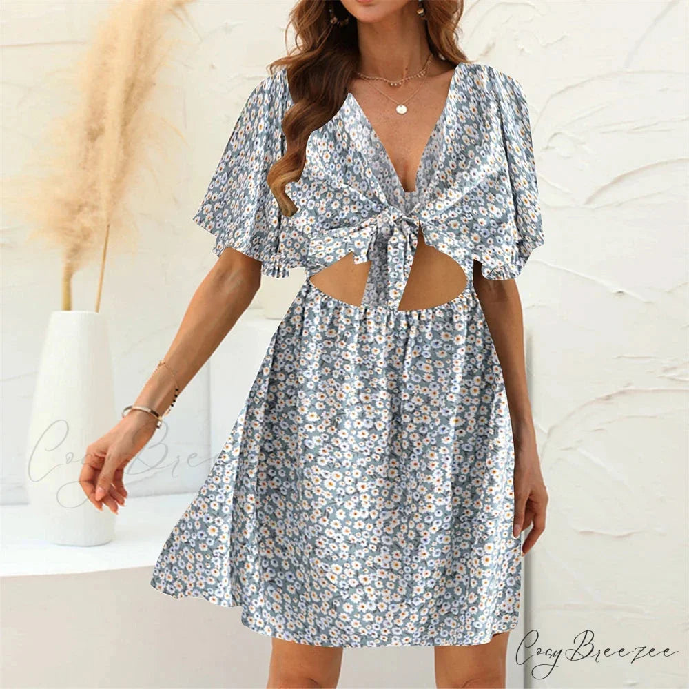 Floral Print Rayon Deep Bow Neck Short Sleeve Hollow Out Mini Dress light Blue / M bohodress-250126
