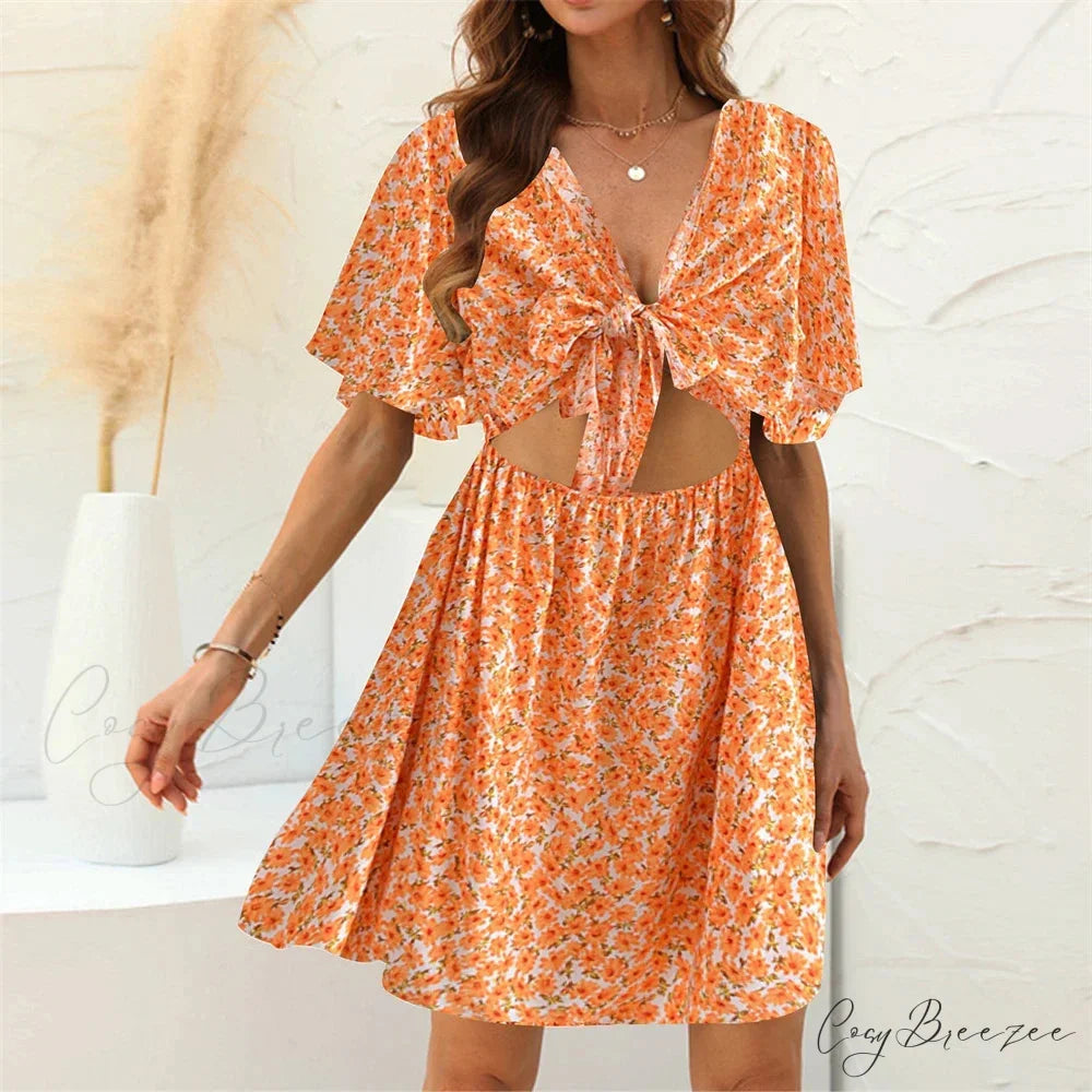 Floral Print Rayon Deep Bow Neck Short Sleeve Hollow Out Mini Dress Orange / M bohodress-250126