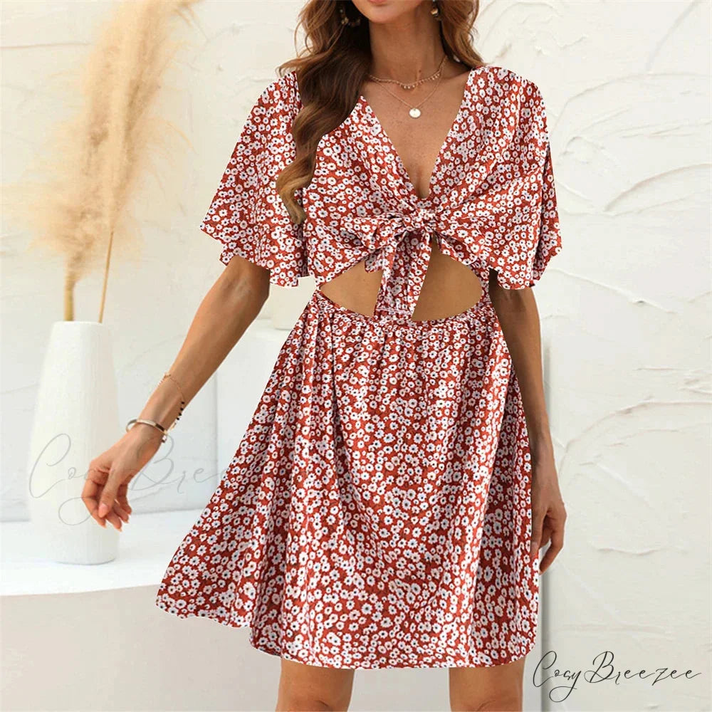 Floral Print Rayon Deep Bow Neck Short Sleeve Hollow Out Mini Dress Red / M bohodress-250126