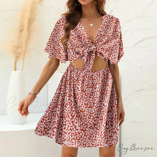 Floral Print Rayon Deep Bow Neck Short Sleeve Hollow Out Mini Dress Red / M bohodress-250126