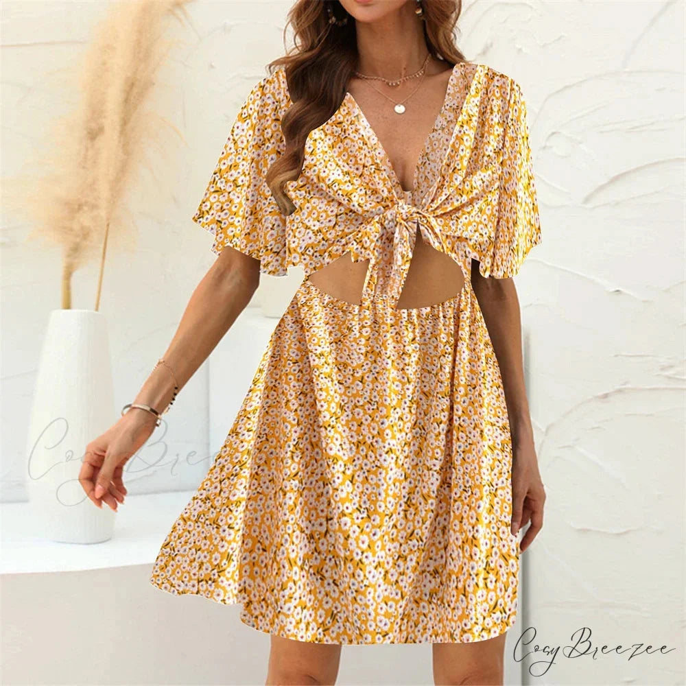Floral Print Rayon Deep Bow Neck Short Sleeve Hollow Out Mini Dress Yellow / M bohodress-250126
