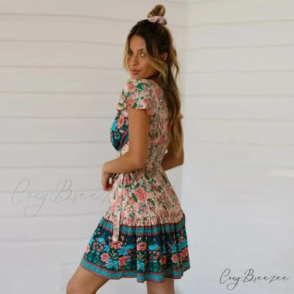 Floral Print Rayon Wrap Short Sleeve Sexy Vacation Mini Dress bohodress-250126