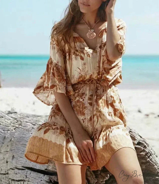Floral Print Sashes Elastic Waist Flare Sleeve Mini Dress Yellow / S bohodress-250126