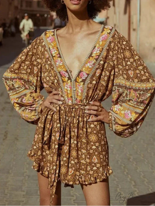 Floral Print Sashes V-neck Long Sleeve Rayon Boho Romper as picture / S bohodress-250126