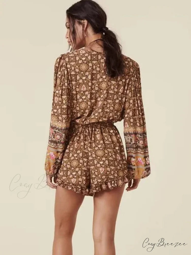 Floral Print Sashes V-neck Long Sleeve Rayon Boho Romper bohodress-250126