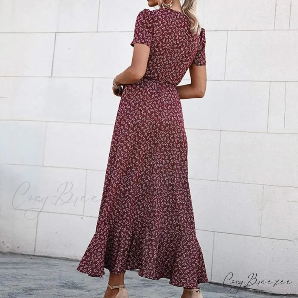 Floral Print Sexy V Neck Ruffle Hem Wrap Vintage Boho Dress