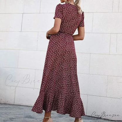 Floral Print Sexy V Neck Ruffle Hem Wrap Vintage Boho Dress