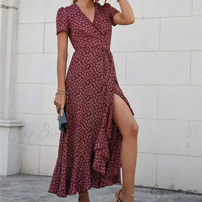 Floral Print Sexy V Neck Ruffle Hem Wrap Vintage Boho Dress