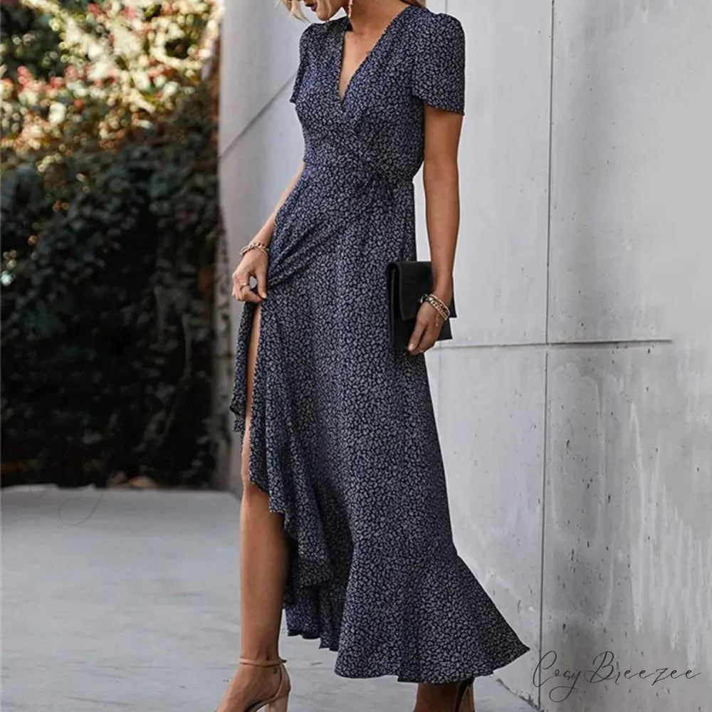 Floral Print Sexy V Neck Ruffle Hem Wrap Vintage Boho Dress