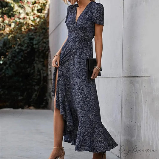 Floral Print Sexy V Neck Ruffle Hem Wrap Vintage Boho Dress