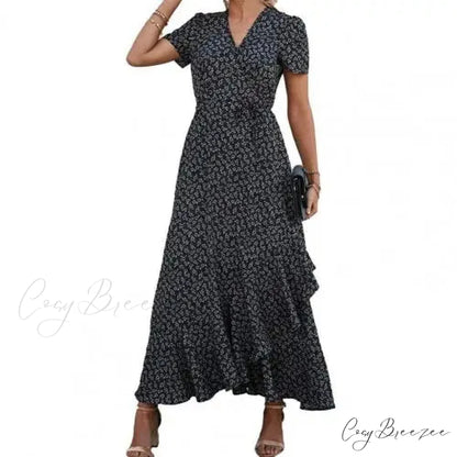 Floral Print Sexy V Neck Ruffle Hem Wrap Vintage Boho Dress Black / S