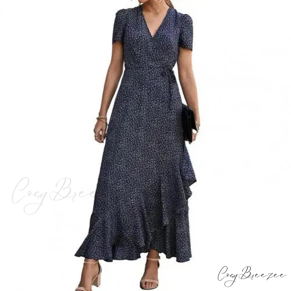 Floral Print Sexy V Neck Ruffle Hem Wrap Vintage Boho Dress Blue / S