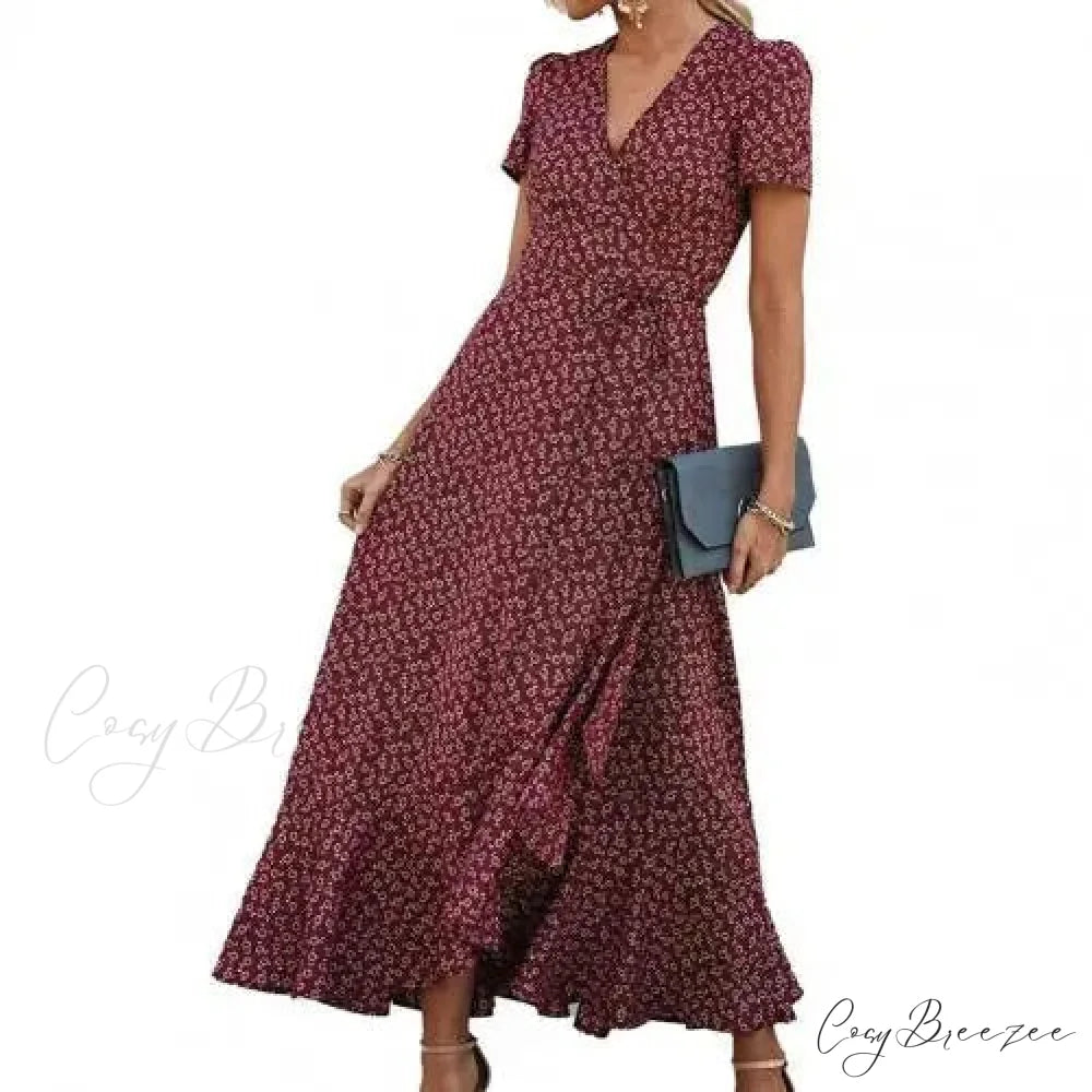 Floral Print Sexy V Neck Ruffle Hem Wrap Vintage Boho Dress Red / S