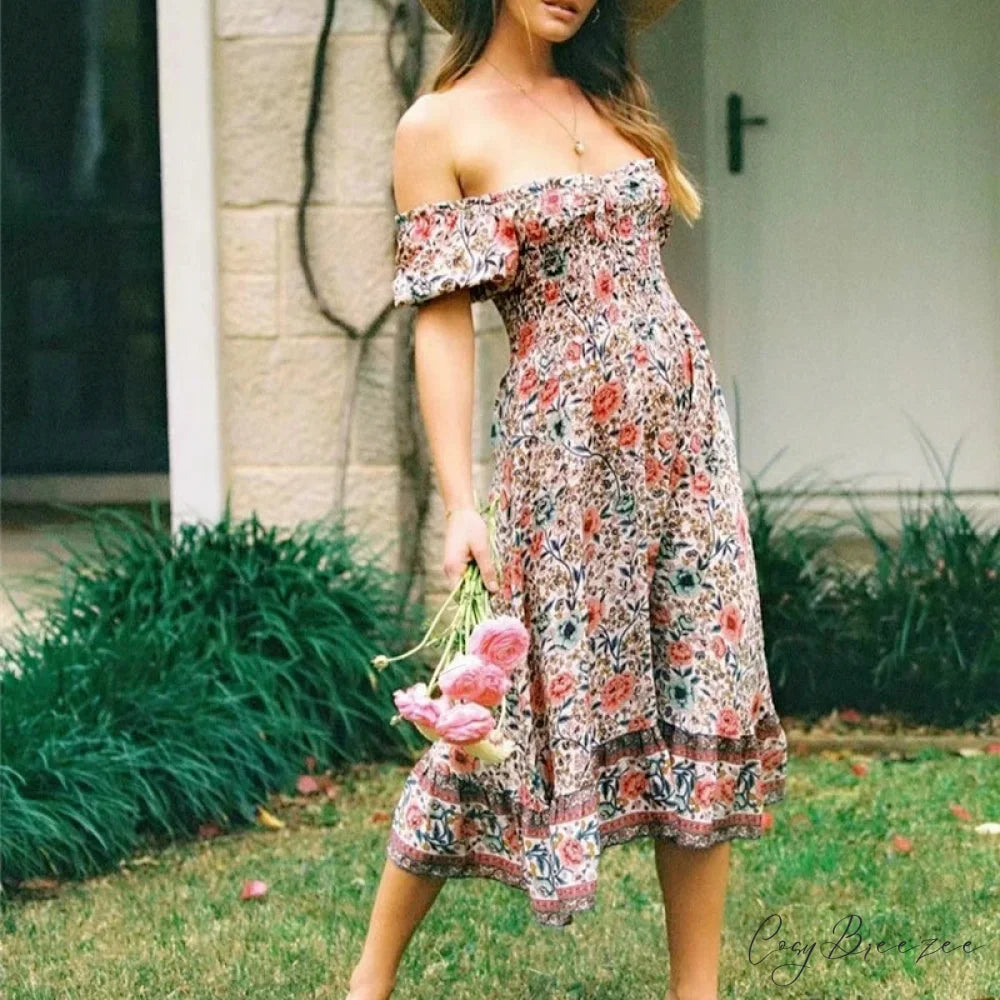 Floral Print Short Sleeve Alluring Off Shoulder Midi Boho Dress bohodress-250126