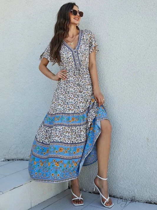 Floral Print Short Sleeve Button Loose Tassel V-neck Maxi Dress Beige / S bohodress-250126