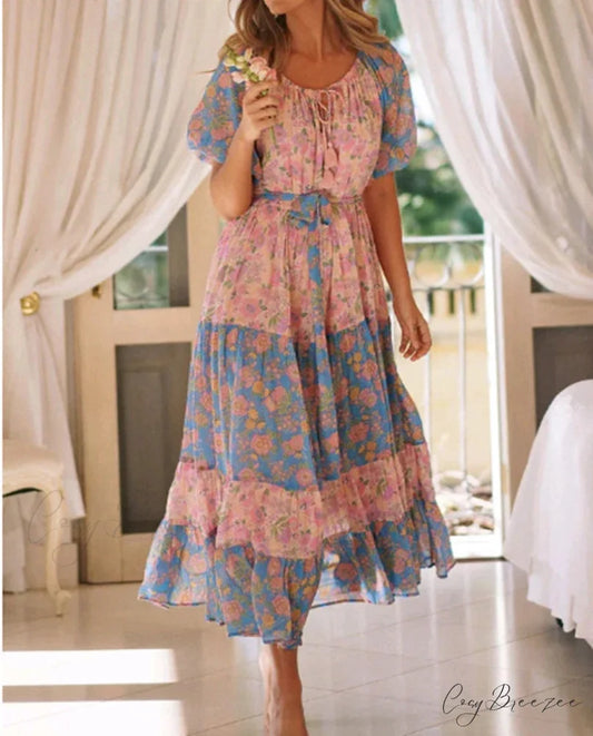 Floral Print Short Sleeve O-neck Sashes Boho Dress pink / S bohodress-250126
