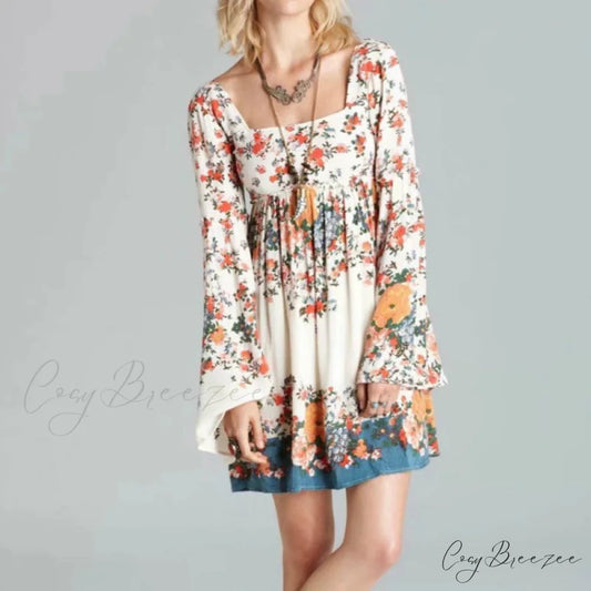 Floral Print Short Sleeve Ruffles Square Collar Mini Dress as picture / S bohodress-250126