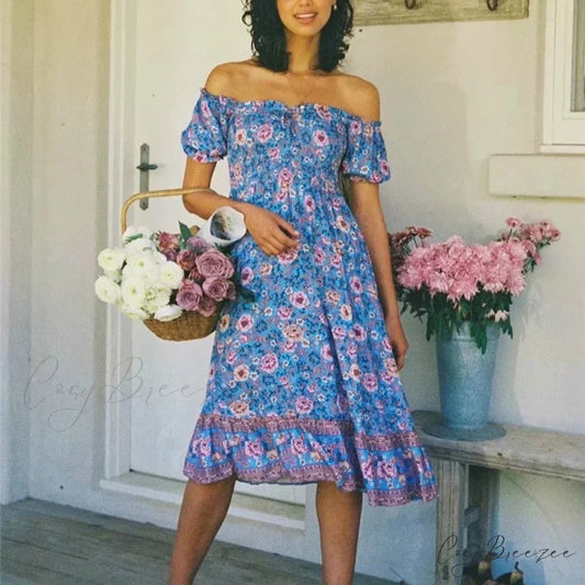 Floral Print Short Sleeve Sexy Off Shoulder Vacation Midi Dress Purple / XS bohodress-250126