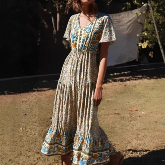 Floral Print Single Breasted V-neck Short Sleeve Summer Maxi Dress Beige / S bohodress-250126