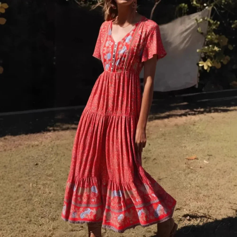 Floral Print Single Breasted V-neck Short Sleeve Summer Maxi Dress Red / S bohodress-250126