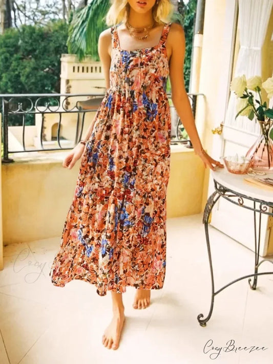 Floral Print Sleeveless Backless Rayon Vacation Maxi Dress Brown / S bohodress-250126