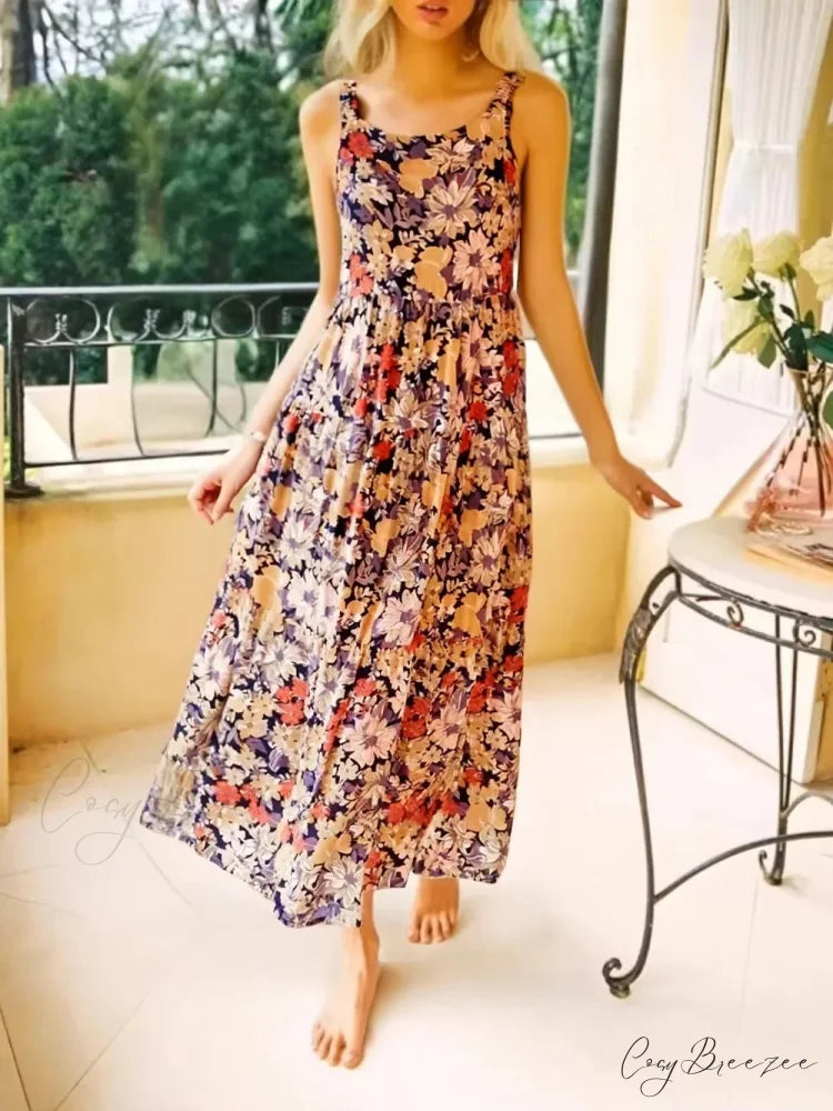 Floral Print Sleeveless Backless Rayon Vacation Maxi Dress Red / S bohodress-250126