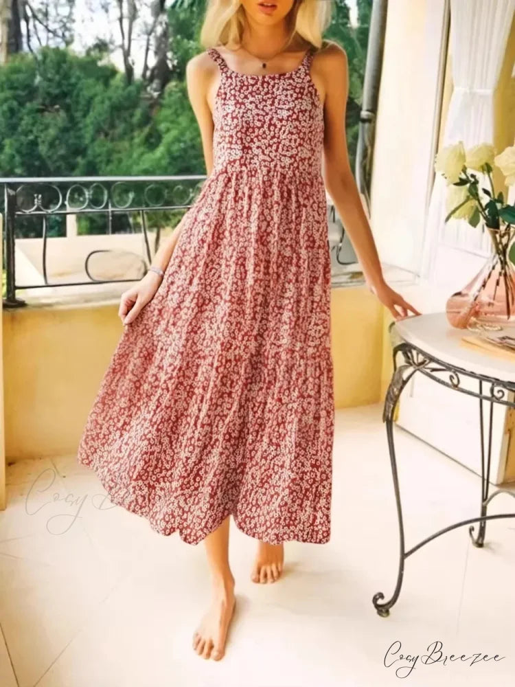 Floral Print Sleeveless Backless Rayon Vacation Maxi Dress Red Floral / S bohodress-250126