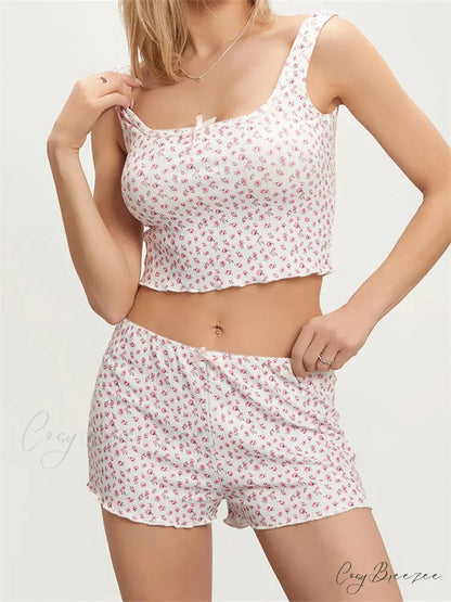 Floral Print Sleeveless Square Neck Camis Top with Shorts Pajama Set PINK / S twopiecesset-250126