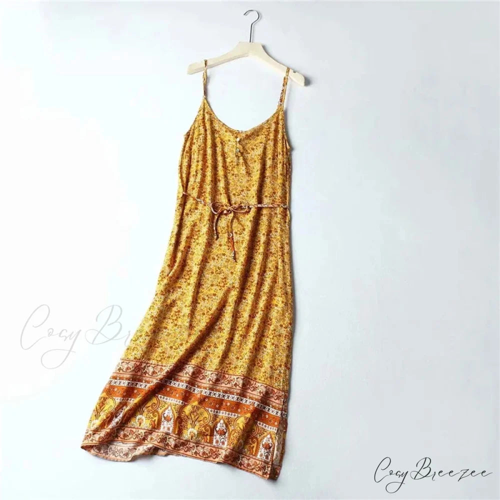 Floral Print Sleeveless Strap Rayon Cotton Midi Boho Dress Yellow / S bohodress-250126