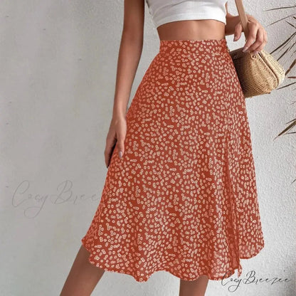 Floral Print Slit A-Line High Waist Loose Skirt Orange / S skirt-250126