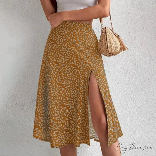 Floral Print Slit A-Line High Waist Loose Skirt Yellow / S skirt-250126
