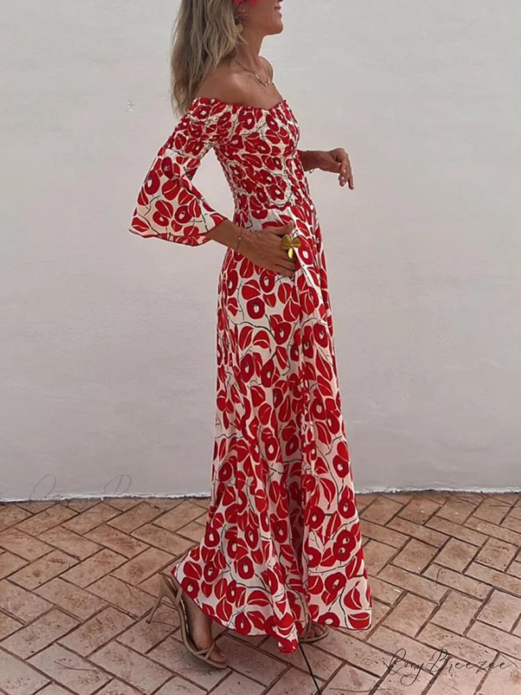 Floral Print Smocked Off Graceful Shoulder Pocketed Maxi Dress
