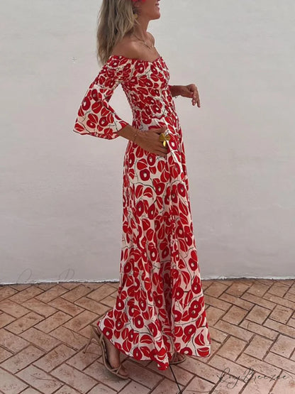 Floral Print Smocked Off Graceful Shoulder Pocketed Maxi Dress